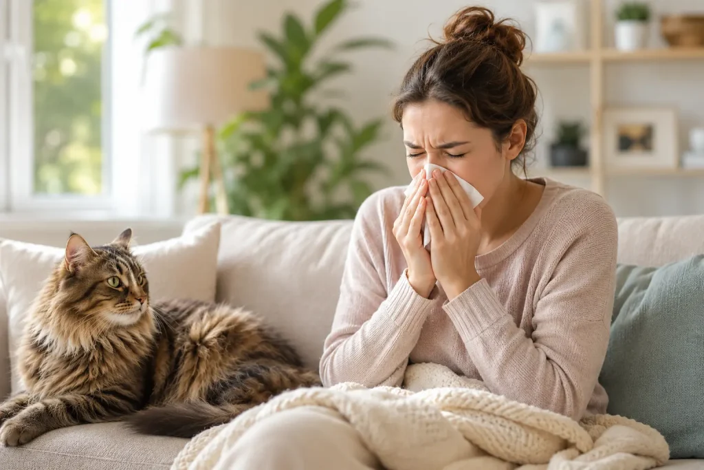 Adult woman sneezing due to newly developed cat allergies