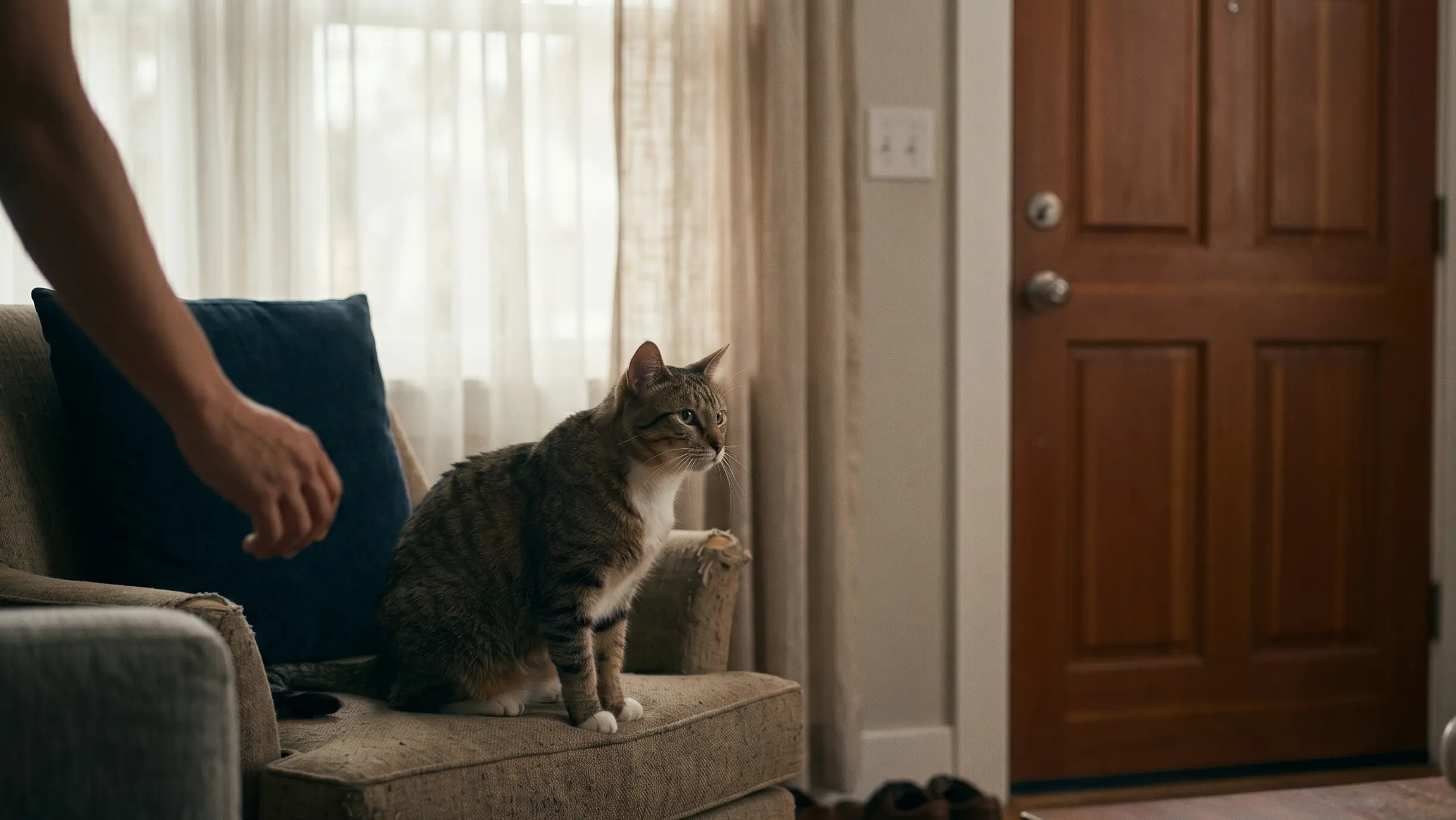 tressed tabby cat scratching the side of a grey fabric sofa